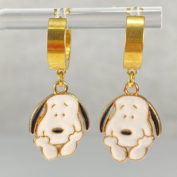 Snoopy Dog on Stainless Steel Huggie Hoop Earrings - Picture 1 of 5